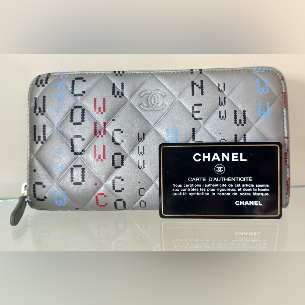 Pre Owned Chanel Data Center Print Gray Lambskin Zip Around Wallet  RARE